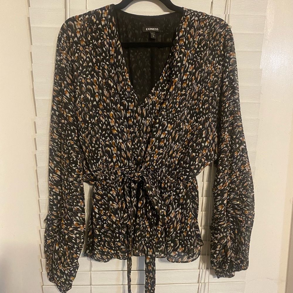 Express Metallic Printed Tie Back Balloon Sleeve Top Size Large